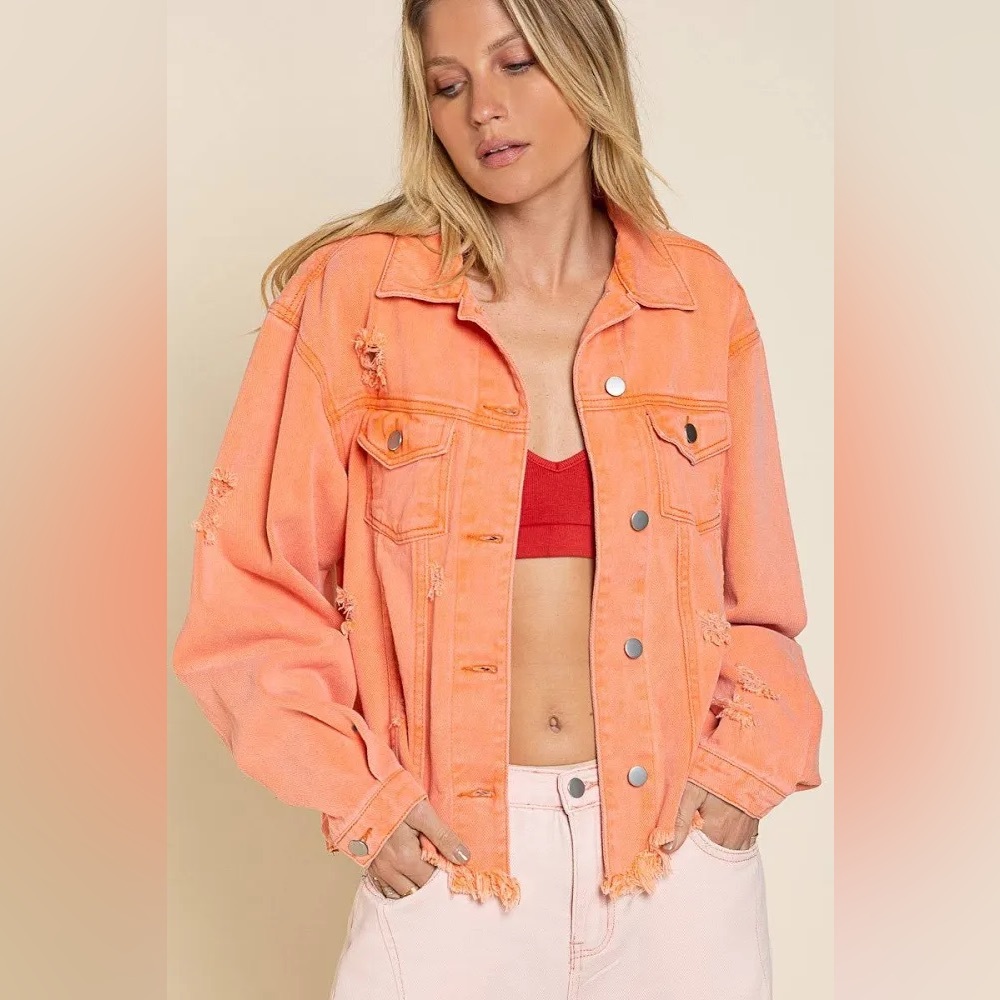 POL Orange Jean Jacket Lightweight Distressed Women's Small Relaxed Fit